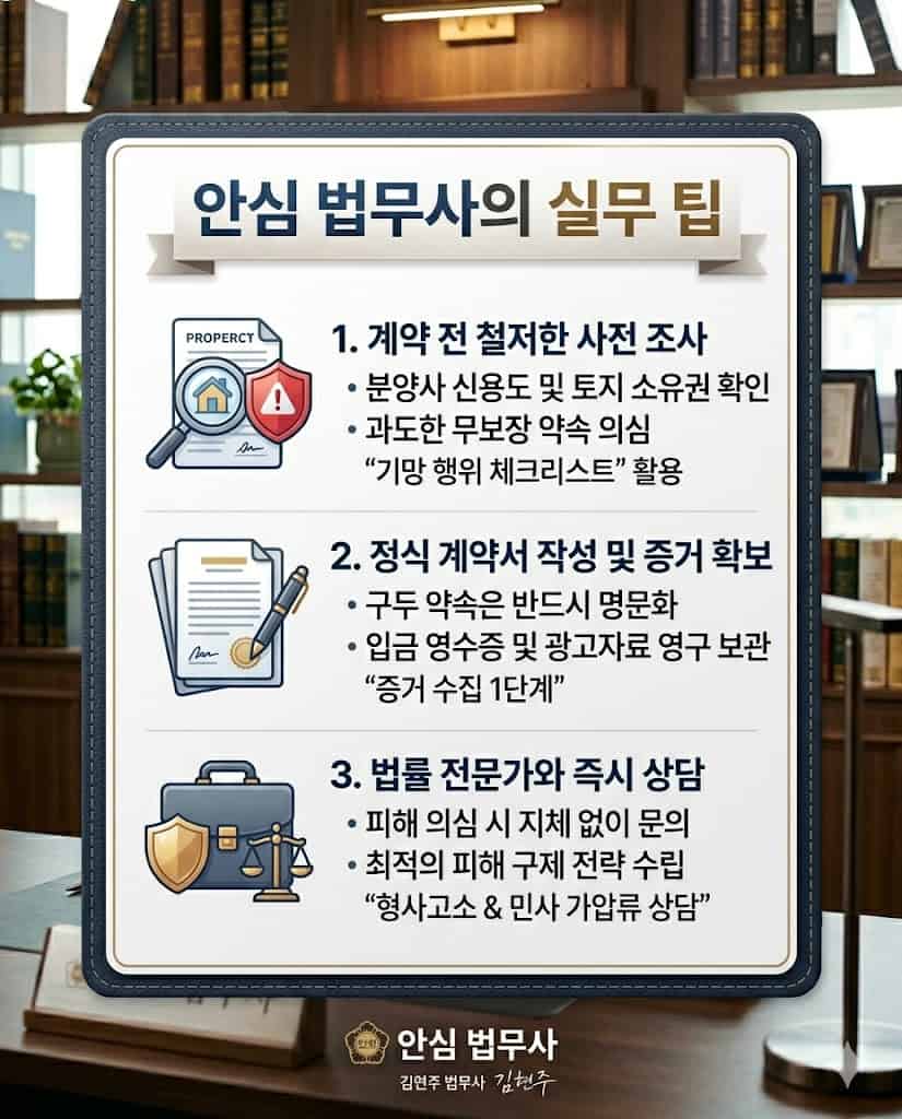 분양 사기 피해 대응을 위한 안심 법무사의 핵심 실무 조언 요약입니다.