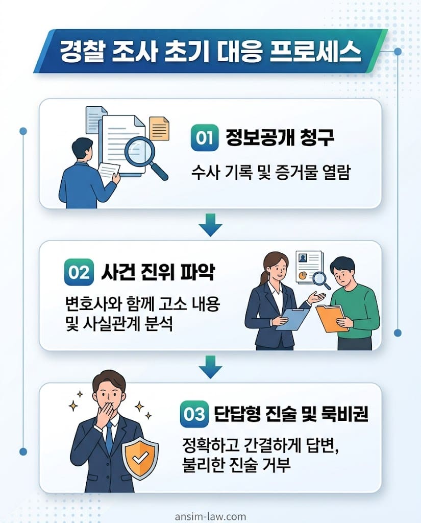 피의자가 경찰 조사 출석 전 반드시 거쳐야 할 정보공개 청구 및 묵비권 행사 요령 플로우차트.