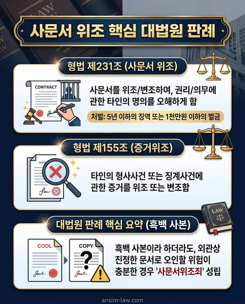 증거위조죄 및 사문서 위조 범죄에 관한 핵심 대법원 판례 조문을 일반인이 알기 쉽게 요약한 인포그래픽.