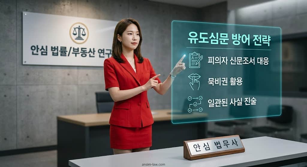 안심 법무사가 홀로그램 스크린을 통해 경찰 유도 심문 대처법을 설명하는 이미지입니다.