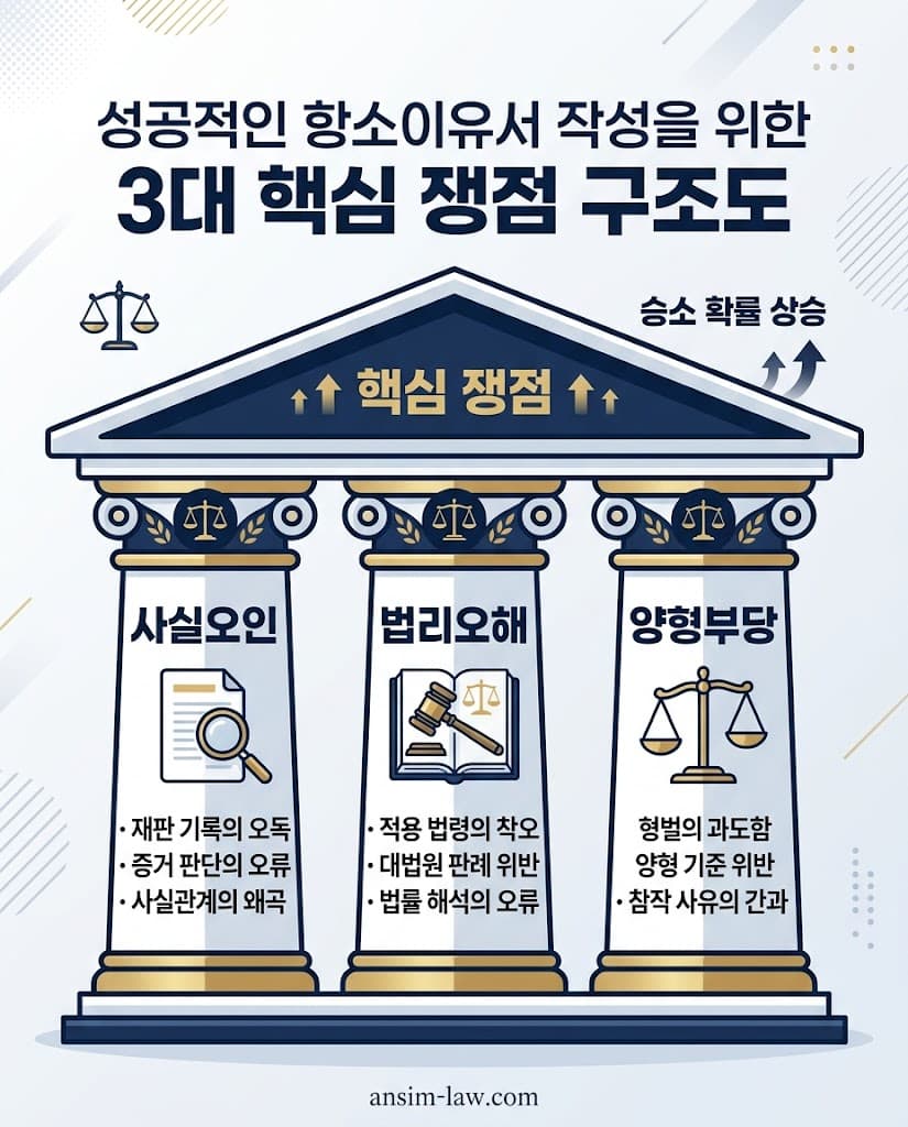 사실오인, 법리오해, 양형부당으로 나뉘는 항소이유서 작성의 3대 핵심 쟁점 구조도.