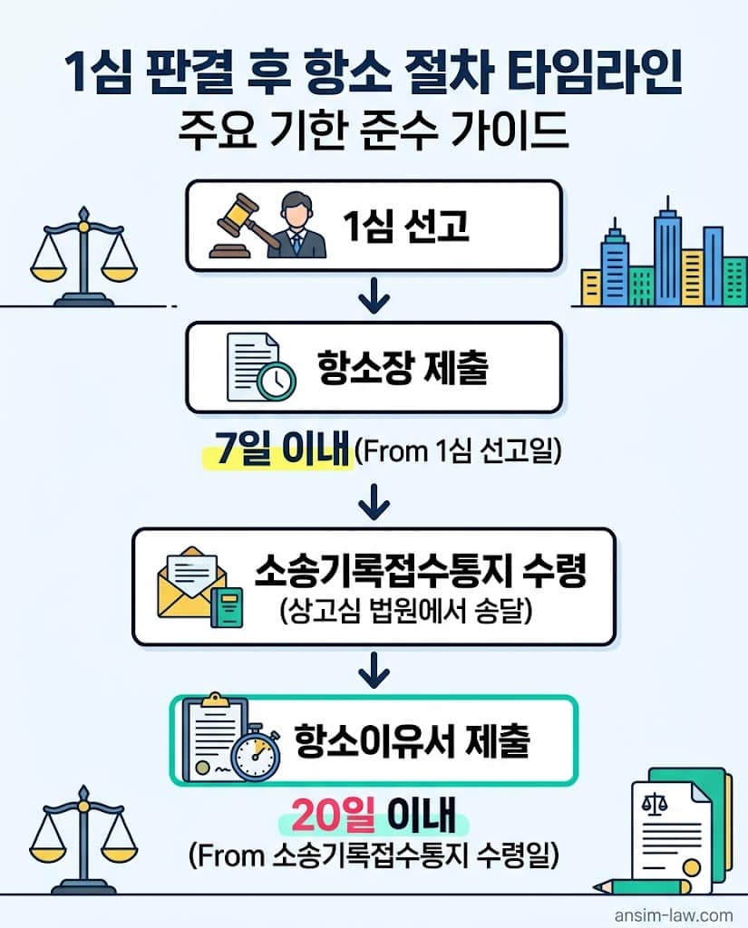 1심 선고 후 항소장 및 항소이유서 제출의 20일 불변 기한을 명시한 타임라인 인포그래픽.