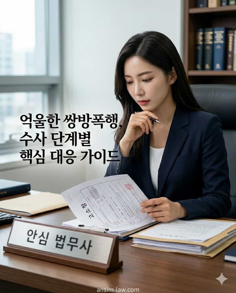 억울한 쌍방폭행 혐의에 대해 단계별 대응책을 분석하는 안심 법무사의 업무 모습.