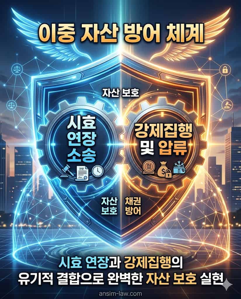 시효 연장 소송과 강제집행을 결합한 강력한 사법 방어 체계 개념도.