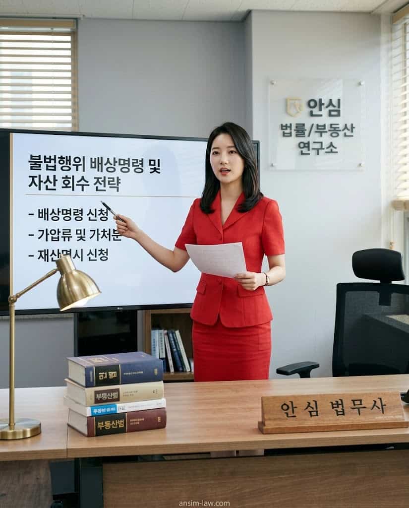 붉은색 정장을 입은 안심 법무사가 배상명령과 가압류 등 피해액 강제집행 핵심 법리를 설명하는 모습.