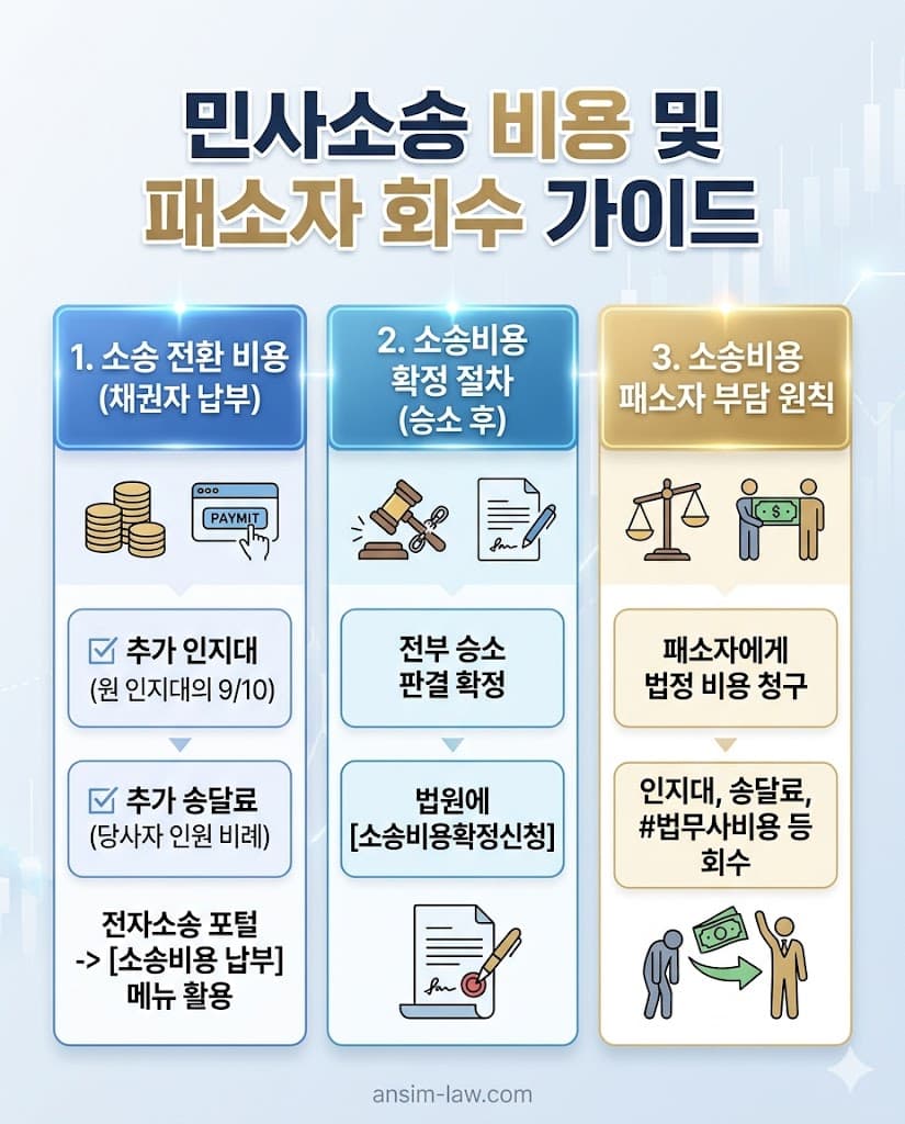 민사소송 전환 비용 산정 및 패소자에게 비용을 합법적으로 회수하는 절차 가이드 인포그래픽