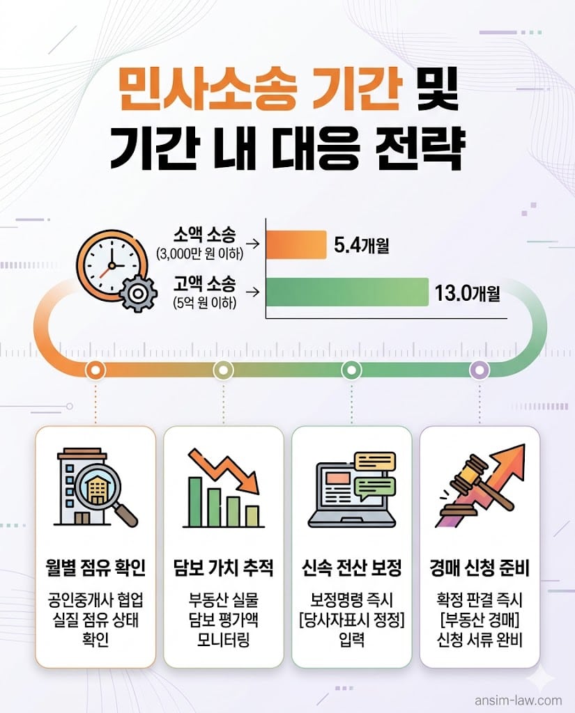 소액 및 고액 민사소송의 평균 소송 기간과 긴 소송 기간 동안 채권자가 취해야 할 자산 보호 대응 전략 인포그래픽