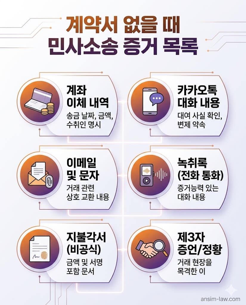 정식 계약서가 없을 때 민사소송에서 채무 관계를 입증할 수 있는 간접 증거 목록 인포그래픽