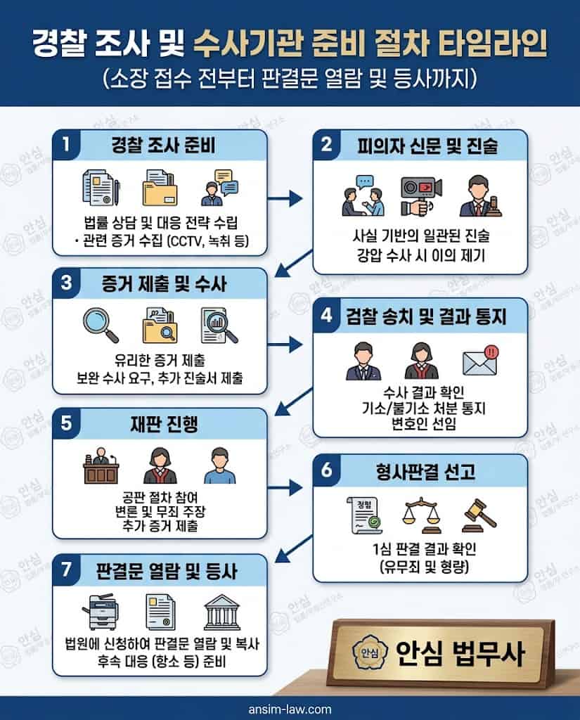 경찰 조사부터 형사 판결문 확보까지 민사 소송 제기 전 반드시 거쳐야 할 준비 절차 흐름도.