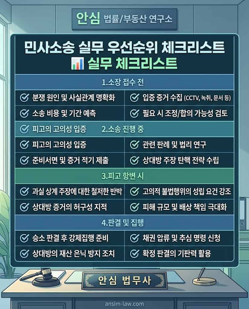 증거 수집부터 판례 인용까지 민사 소송 당사자가 반드시 확인해야 할 실무적 우선순위 체크리스트.