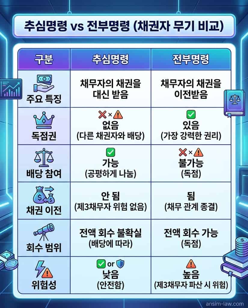 파악된 채권을 환수하기 위한 추심명령과 전부명령의 장단점 및 법리적 위험성 차이를 대조한 비교 분석표.