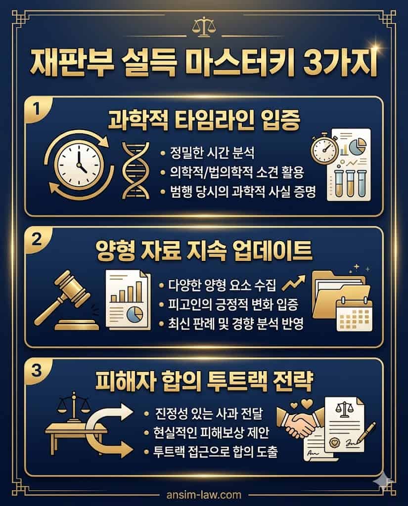 재판부의 마음을 움직이는 과학적 입증 및 피해자 합의 투트랙 3대 핵심 전략 요약.