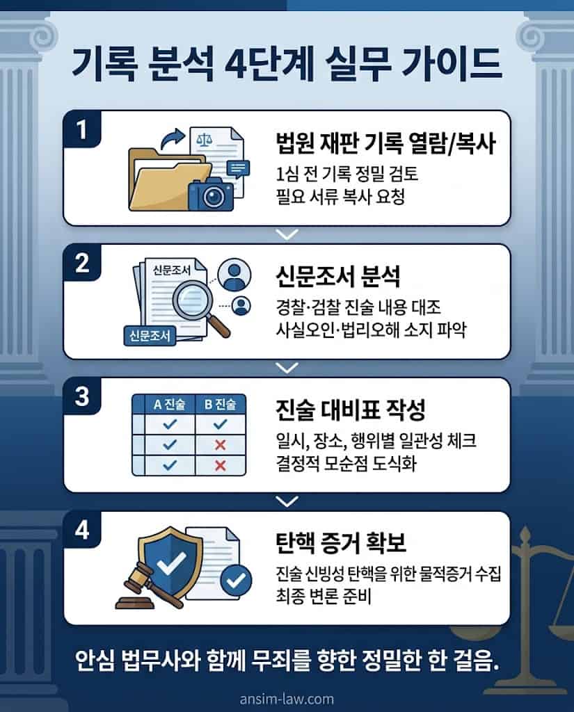 재판 기록 열람부터 고소인 진술 대비표 작성까지의 증거 분석 단계를 요약한 인포그래픽.
