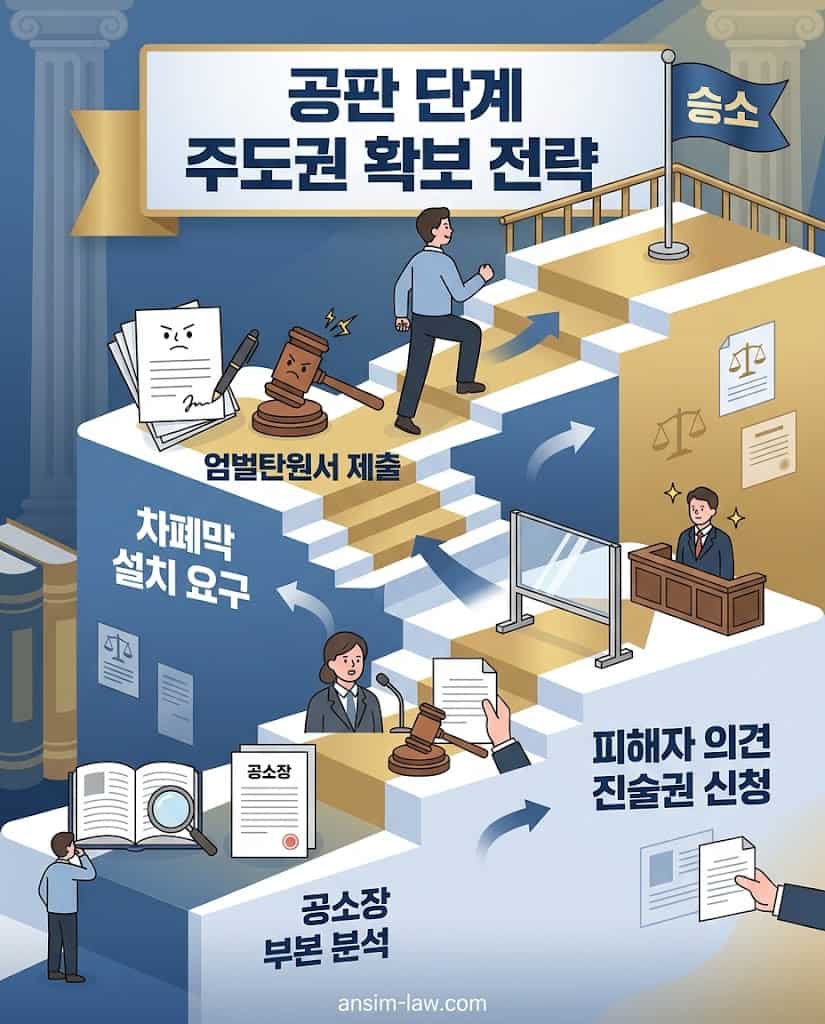 공판 단계에서 피해자 의견 진술권 행사, 피고인 퇴정 요구, 엄벌탄원서 제출 등 능동적 재판 참여 전략입니다.