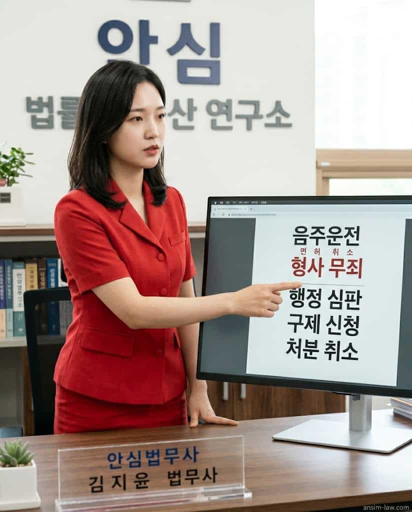 핵심 법리를 화면으로 설명하는 붉은 정장의 안심 법무사