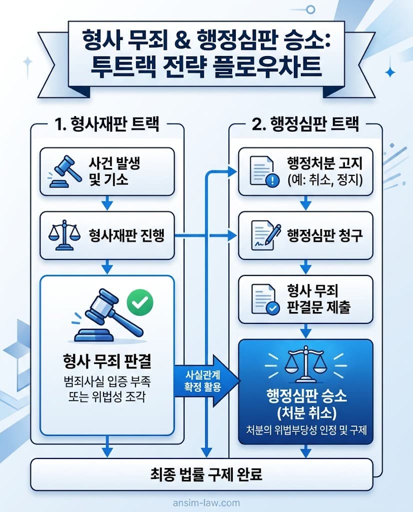 형사재판 무죄 판결과 행정심판 연계 투트랙 구제 절차도