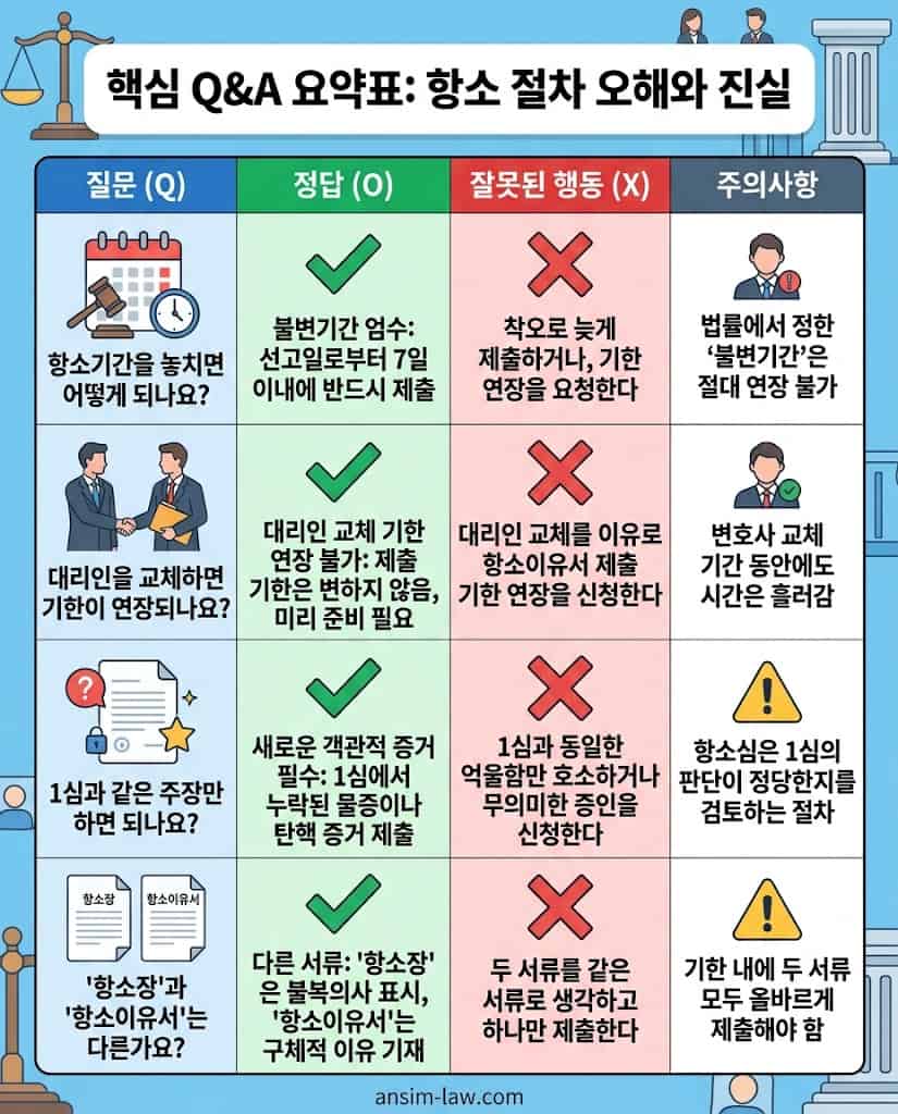 형사 사건 불변기한과 항소이유서 제출 관련 피고인 필수 주의사항 O/X 비교표.