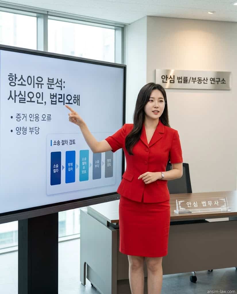 붉은 정장을 입은 안심 법무사가 항소심 핵심 쟁점인 사실오인과 법리오해를 설명하는 모습.