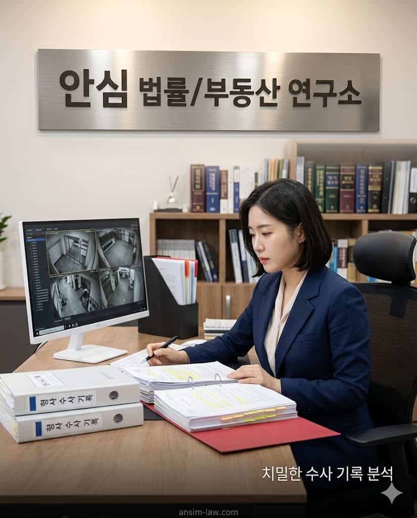 피의자 수사 기록과 판례를 정밀 분석하여 방어 논리를 구축하는 안심 법무사의 모습.
