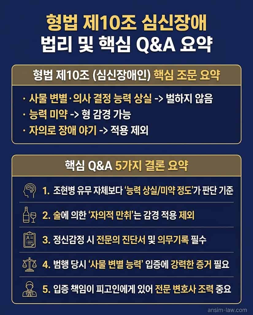 형법 제10조 심신장애 관련 법률 조문 해설 및 구글 기반 형사사건 핵심 자주 묻는 질문(FAQ) 요약본.
