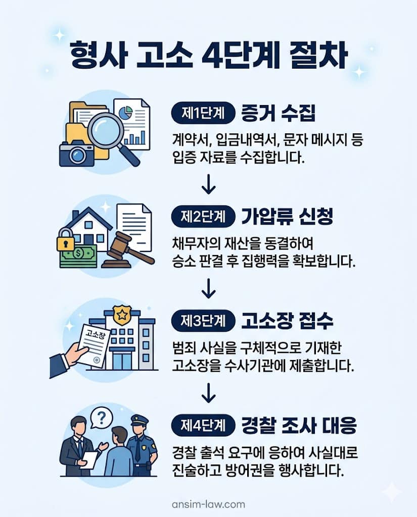 증거 수집부터 가압류, 고소장 접수, 경찰 조사 대응으로 이어지는 형사 고소 4단계 절차표입니다.