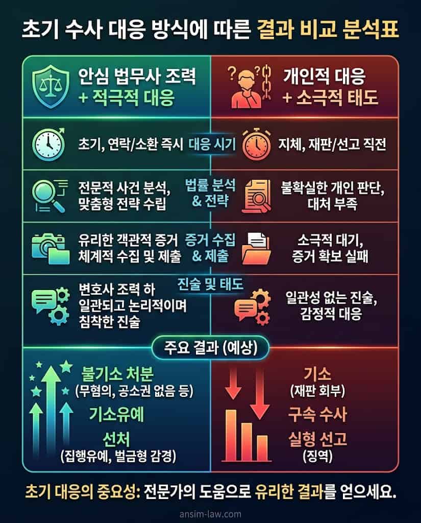 초기 수사 단계 법리적 태도에 따른 형사사건 결과 차이 비교 분석표