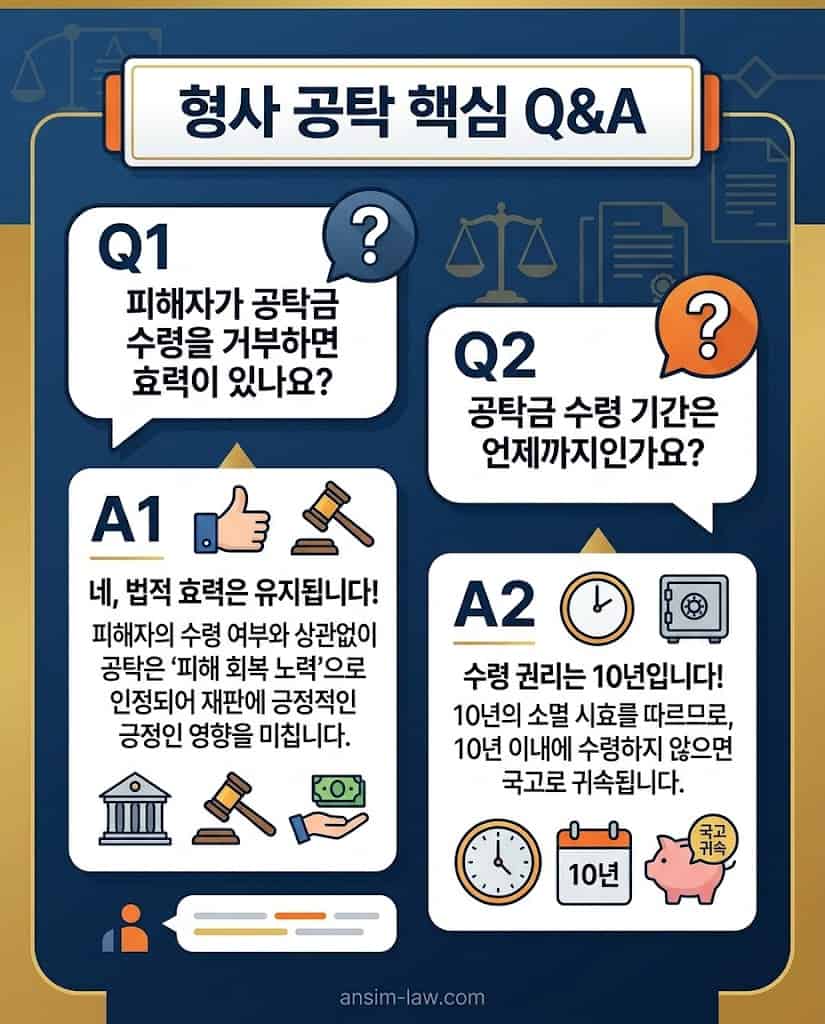 피해자 수령 거부 시 효력 및 10년 소멸시효 등 형사 공탁 관련 자주 묻는 질문을 요약한 자료입니다.