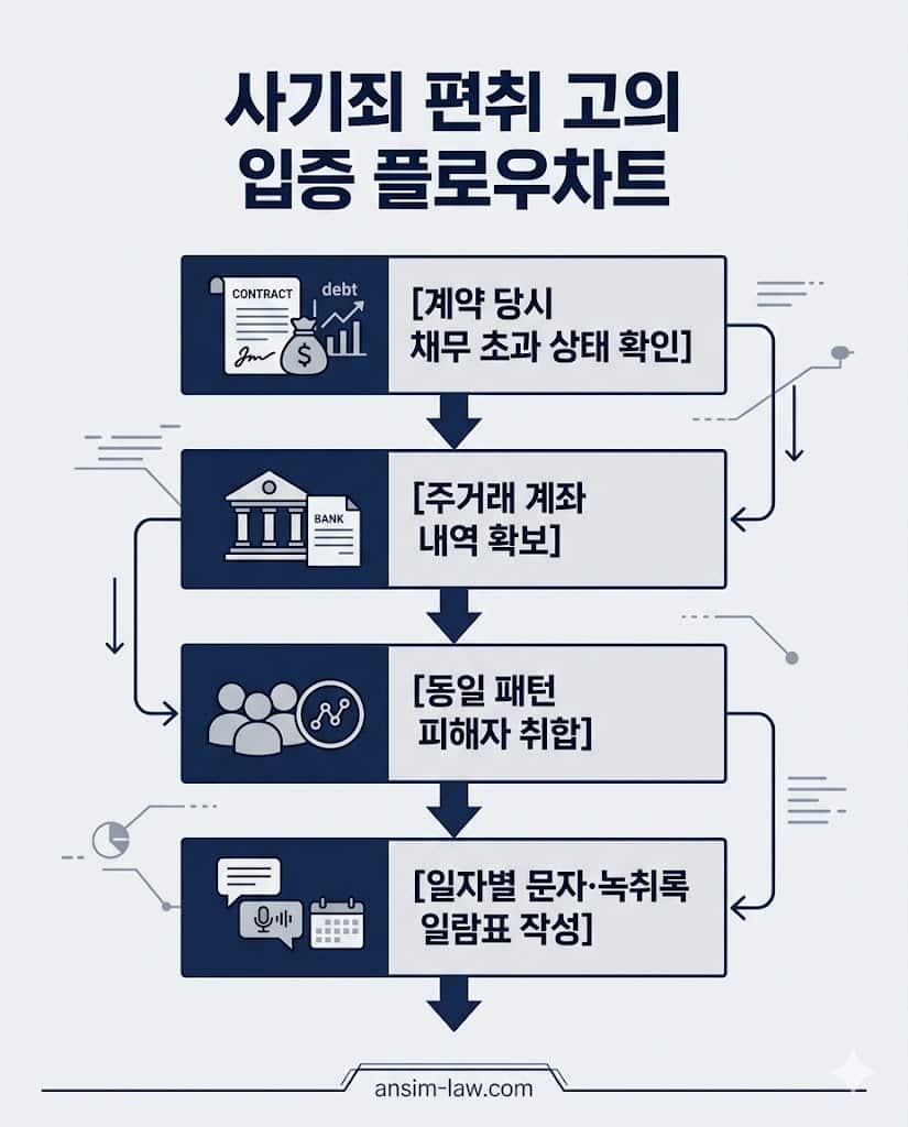 경매 대행 사기죄 기소를 이끌어내기 위한 피고소인 편취 고의 입증 4단계 법률 플로우차트.