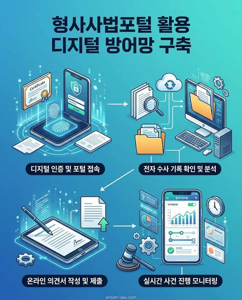 형사사법포털을 활용한 전자 수사 기록 열람 및 입체적 형사 방어망 구축 4단계 프로세스.