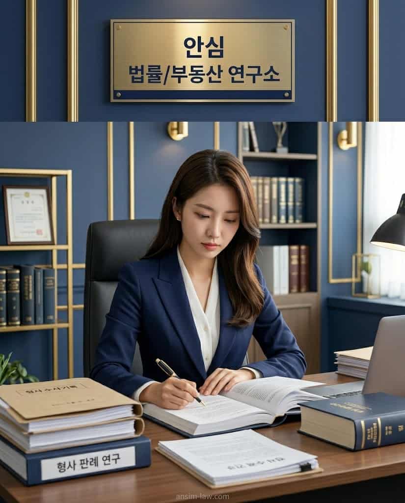억울한 형사사건의 의사결정 능력 입증을 위해 수사 기록과 판례를 꼼꼼하게 검토하는 안심 법무사의 모습.