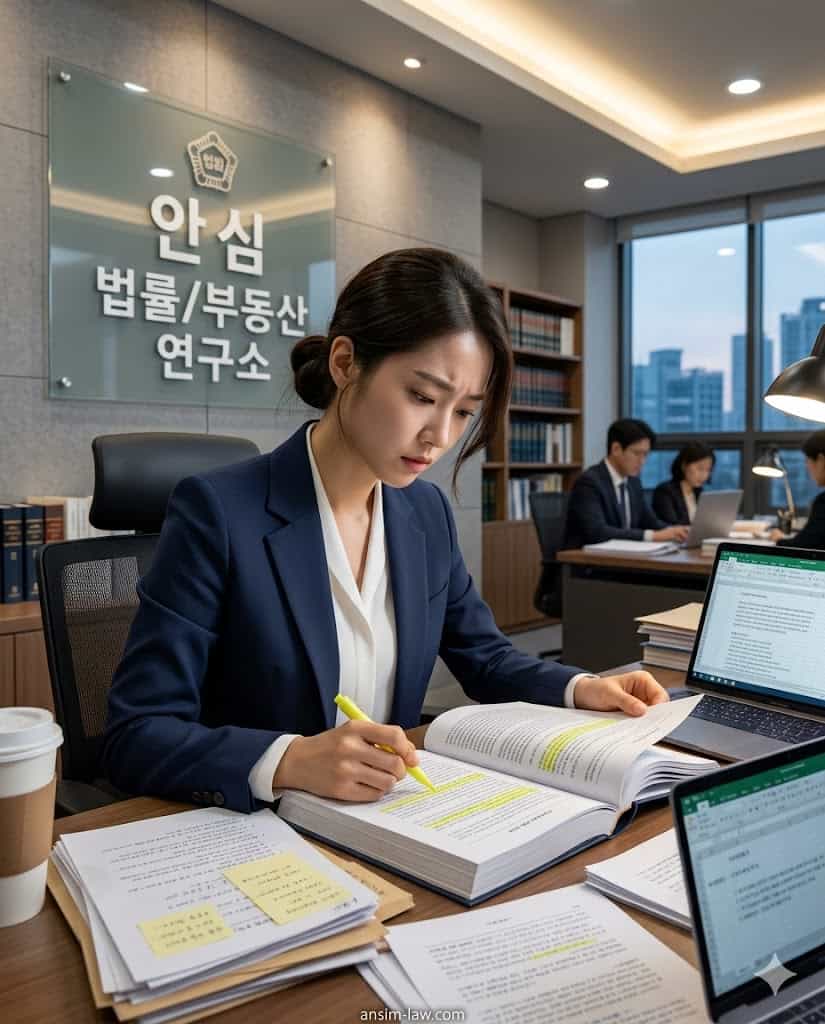 안심 법무사가 형사사건의 고의성 조각 및 착오 법리 관련 수사 기록을 꼼꼼하게 검토하는 모습입니다.