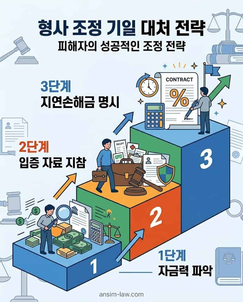 형사 조정 기일 출석 시 피해자가 준비해야 할 단계별 대처 전략 인포그래픽