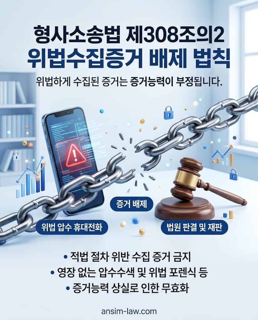 형사소송법 제308조의2 위법수집증거 배제 법칙의 핵심 법리를 시각화한 인포그래픽
