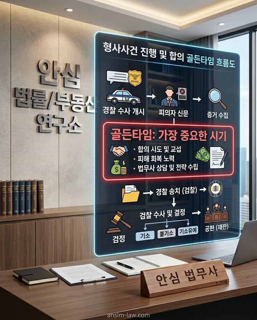 경찰 조사부터 검찰 송치까지 형사사건 절차와 합의 골든타임을 보여주는 흐름도