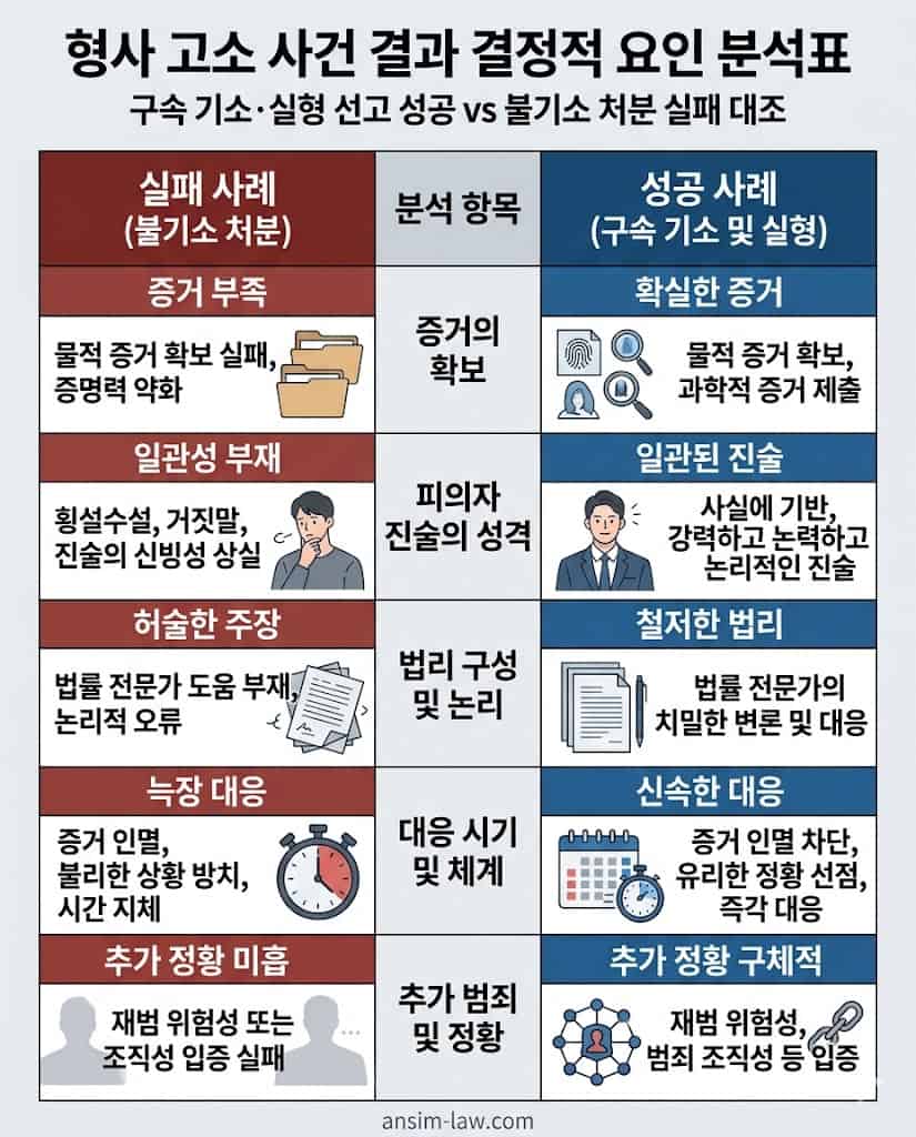 형사 고소 사건에서 구속 기소 실형 선고와 불기소 처분을 가르는 결정적 요인 분석표.