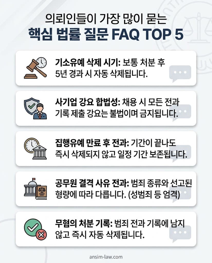 기소유예 보존 기간 및 공무원 임용 결격 사유 등 범죄경력 삭제 관련 핵심 질문 5가지 요약.