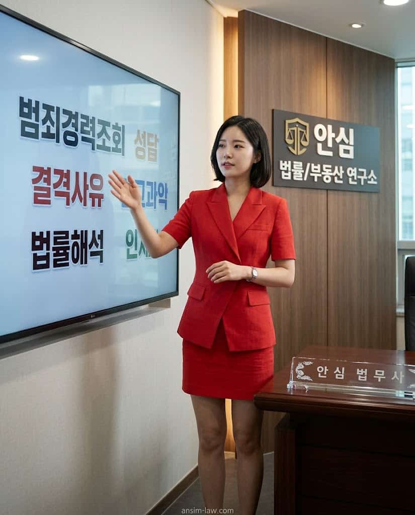 붉은색 정장을 입은 안심 법무사가 모니터를 보며 범죄경력 실효 및 방어 요령을 설명하는 모습.