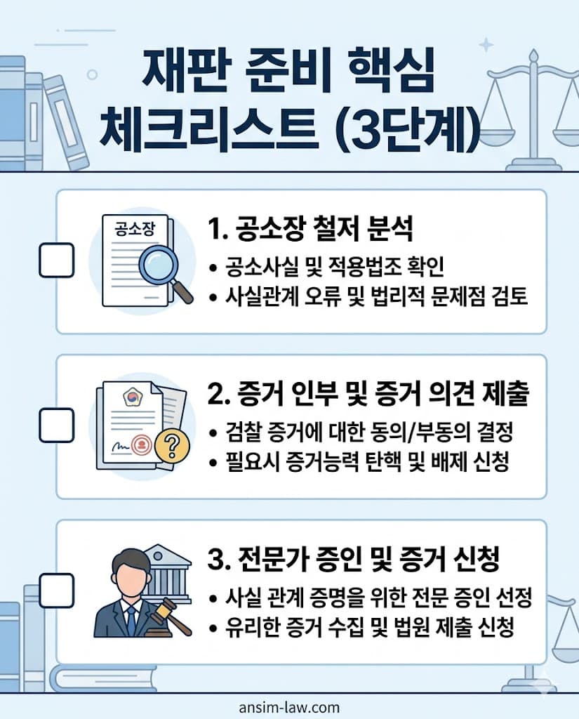 공소장 분석부터 증거 인부, 증인 신문 준비까지 형사 재판 무죄 변론을 위한 핵심 체크리스트입니다.