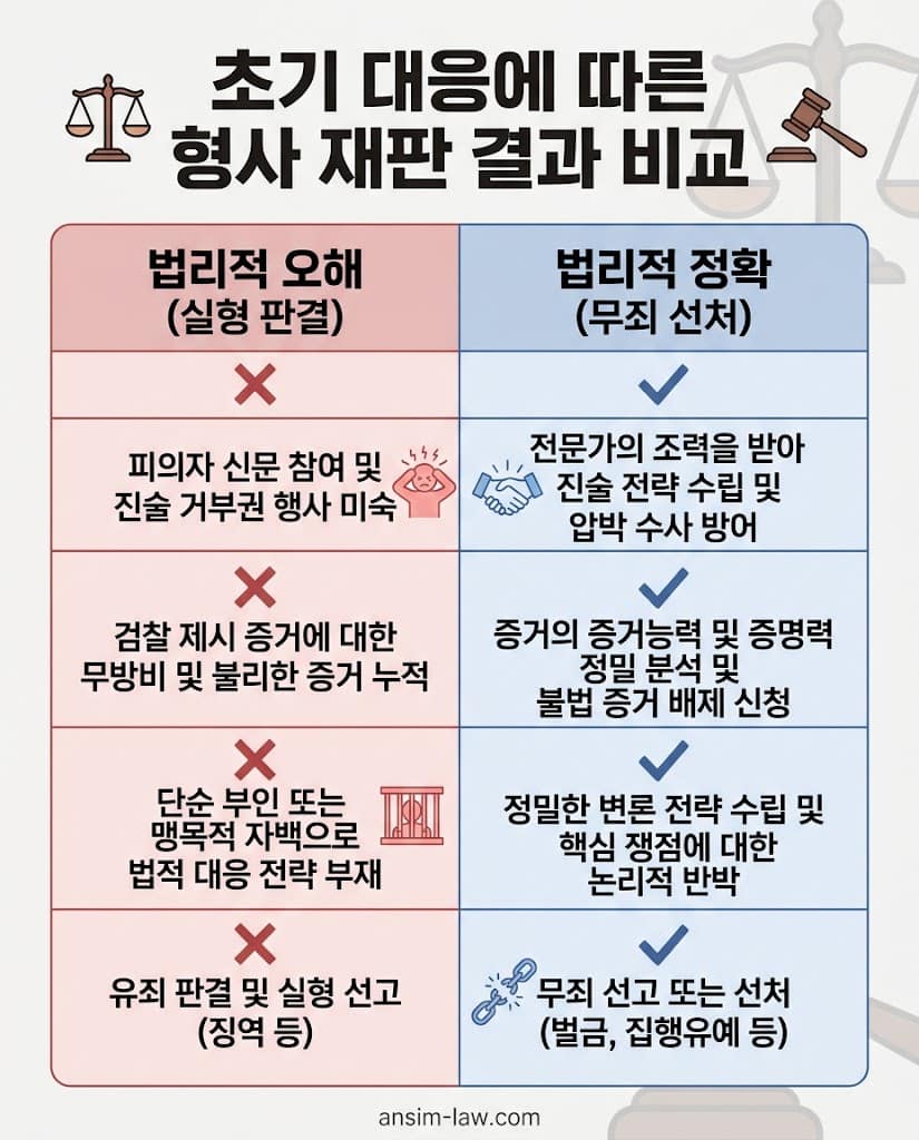 위법 증거에 대한 초기 현장 대응 여부가 실형과 무죄를 가르는 결과를 보여주는 비교표