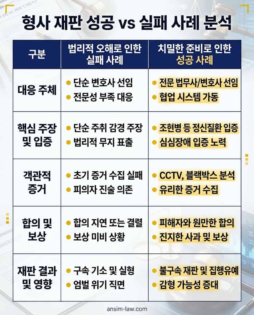 진단서 제출 시점, 범행 정황, 진술 태도 등 형사 재판의 구속 기소와 선처를 가르는 결정적 차이점 비교표.