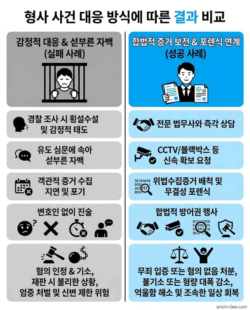 감정적 대응과 합법적 절차 준수 시 형사 방어 결과의 성공 및 실패 비교 분석표