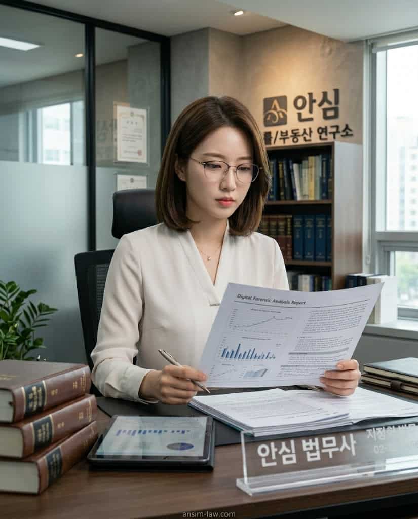 디지털 포렌식 분석 보고서를 면밀히 검토 중인 안심 법무사