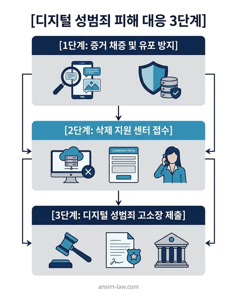 불법 촬영물 유포 피해 발생 시 즉각적인 초동 대처 3단계 플로우차트