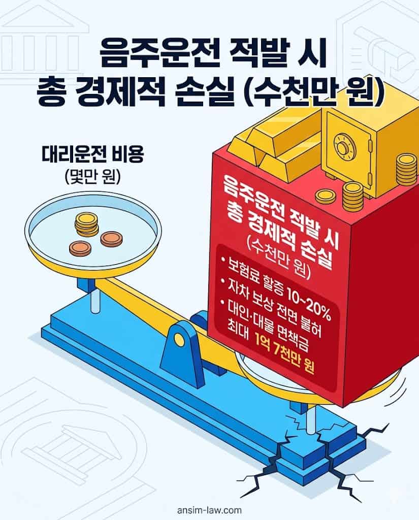 사소한 대리비용 대비 음주 적발 시 발생하는 수천만 원 상당의 가계 경제적 손실 비교 인포그래픽