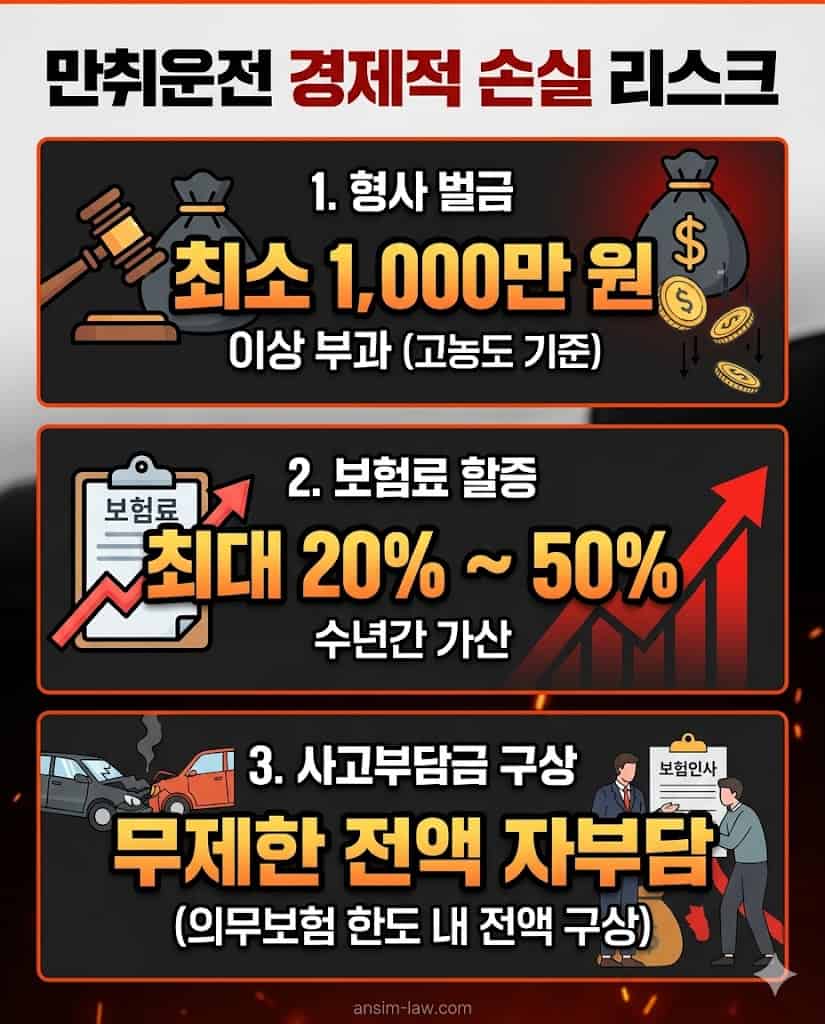 고농도 음주운전 적발 및 사고 시 발생하는 벌금·보험·구상금 경제적 리스크 요약 표.