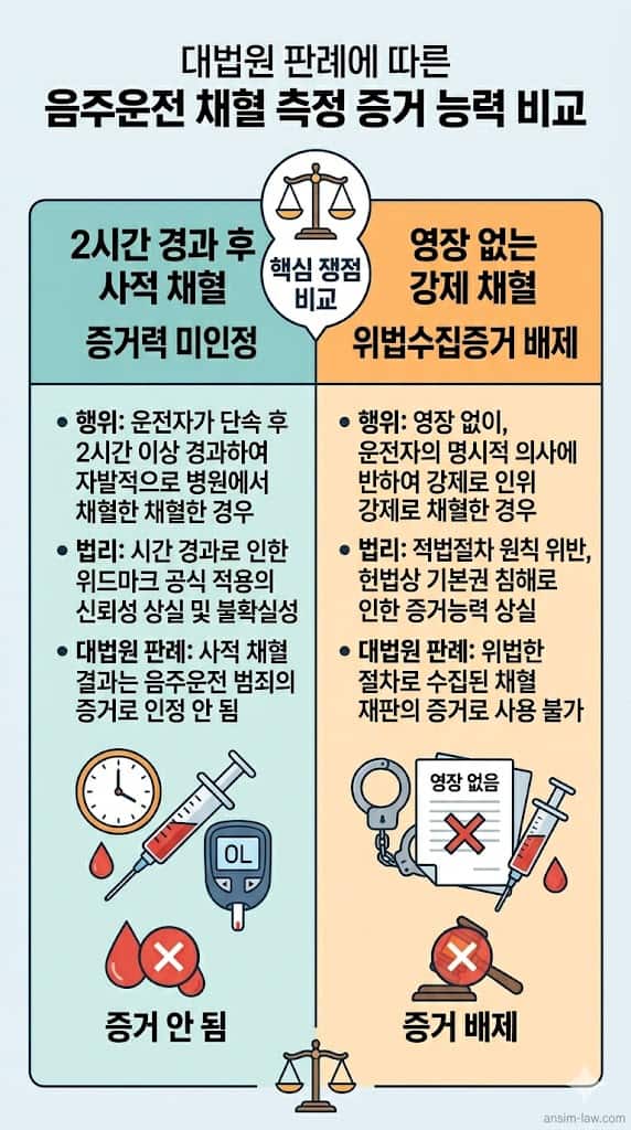 사적 채혈 증거력 제한 및 위법 채혈 증거 배제 법리 비교