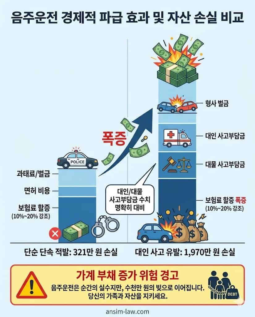 음주운전 단순 적발과 대인 교통사고 발생 시 가계에 미치는 실질적 경제적 손실 비교 그래프
