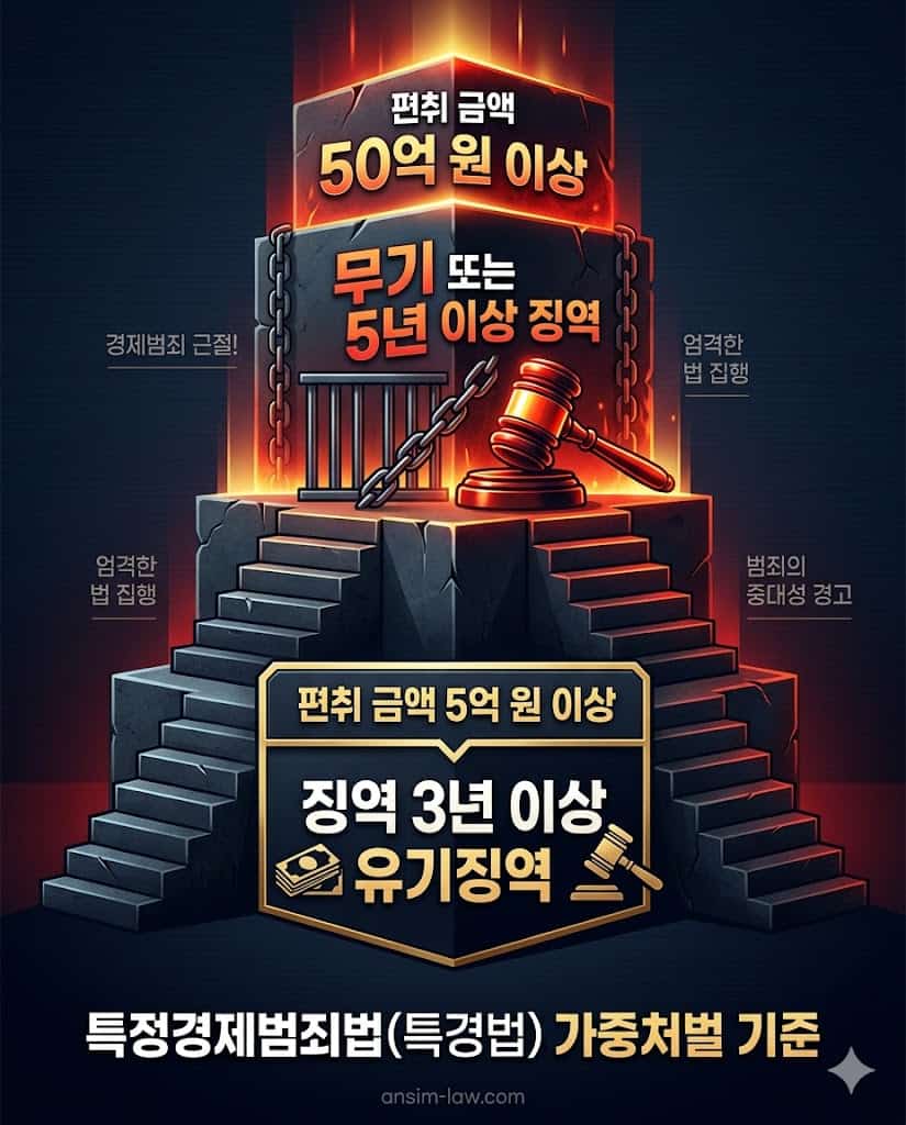 피해액 5억 원 이상부터 적용되는 특정경제범죄 가중처벌 등에 관한 법률의 엄격한 처벌 기준입니다.