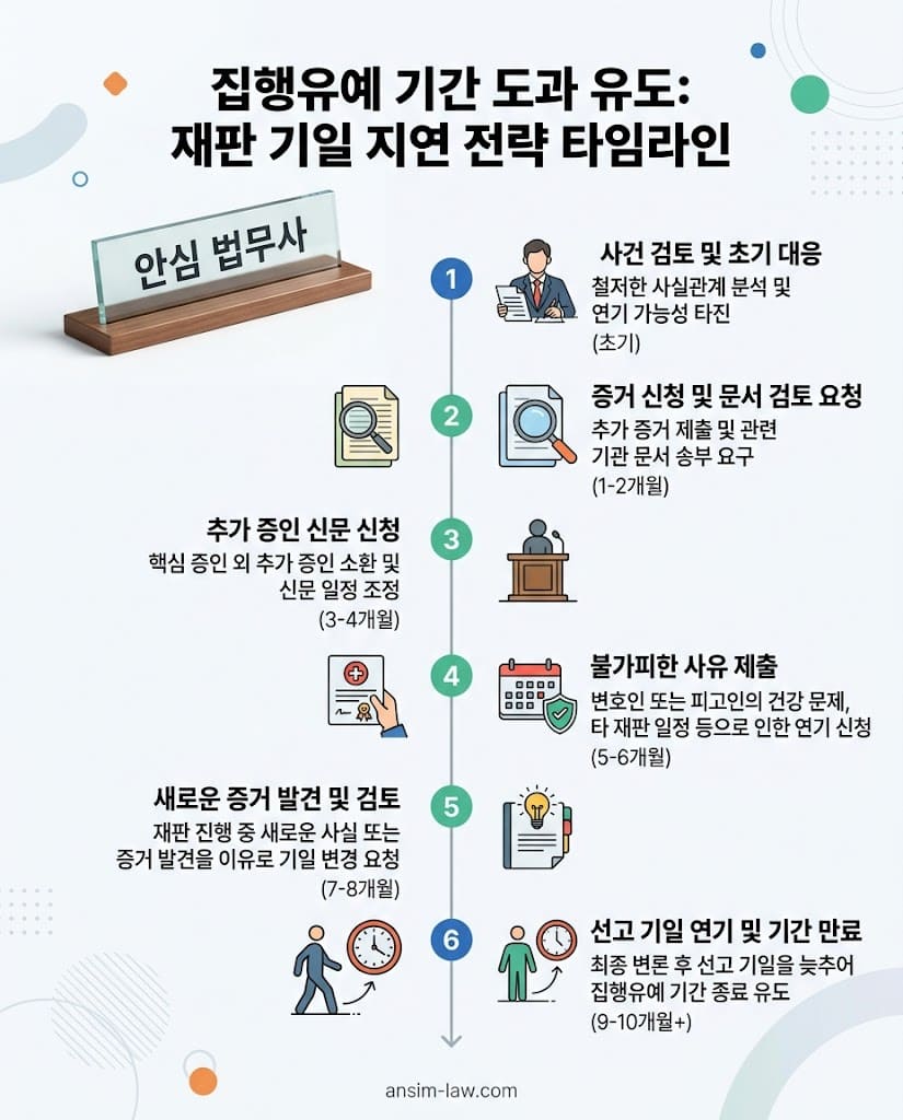 기존 집행유예 기간 도과를 위한 합법적 재판 기일 지연 및 증거 신청 전략