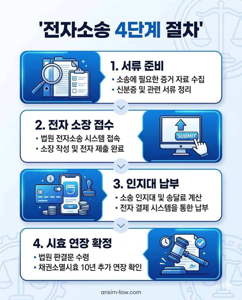 판결문 시효 연장을 위한 대한민국 법원 전자소송 접수 4단계 실무 절차도.